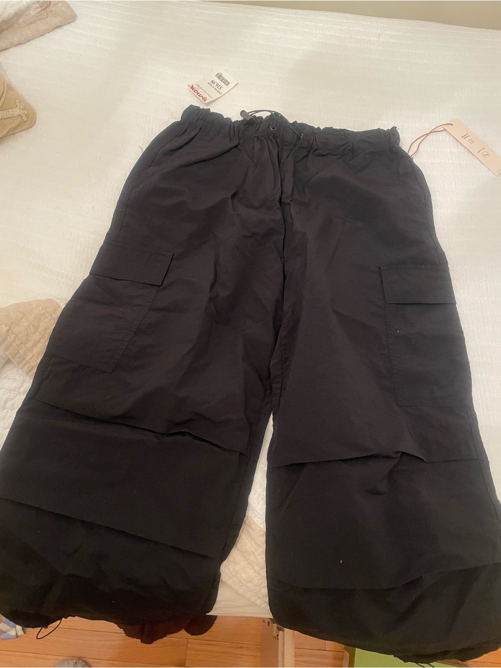 Black Wide-Leg Cargo Pants - Drawstring Waist